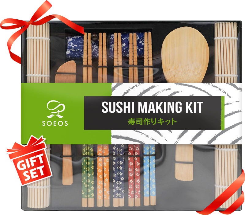 Soeos Beginner Sushi Making Kit, 10 Piece Bamboo Sushi Kit with 2 Bamboo Rolling Mats, 5 Pairs Chopsticks, Paddle, and Spreader, All Natural, Sushi Making Kit Gift Set, Sushi Maker Kit, Sushi Maker. - Image 1